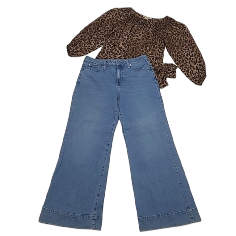 J. Crew Wide Leg Super High Waist Rise Mid Wash Denim Jean Boho Tall Long Flare